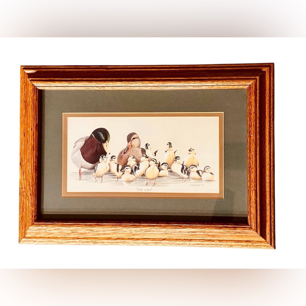Vintage signed framed print Art Lamay mallard baby wood frame collectible art